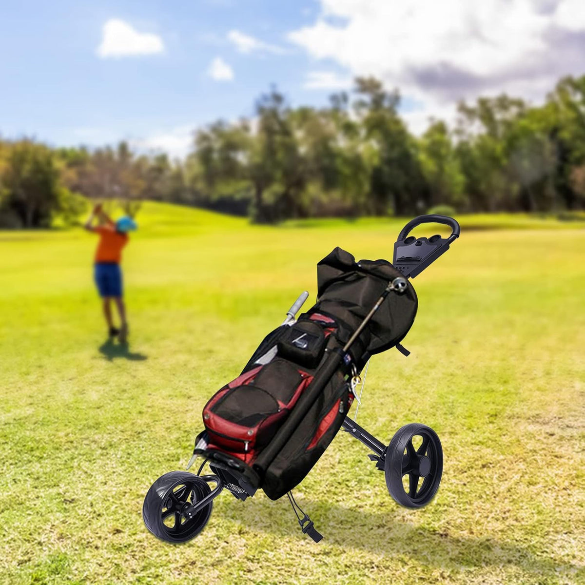 3 Wheel Golf Push Cart, 64.96 * 40.15in Foldable Golf Push Cart Collapsible Golfs Pushs Carts Roller Golf Bag Holder