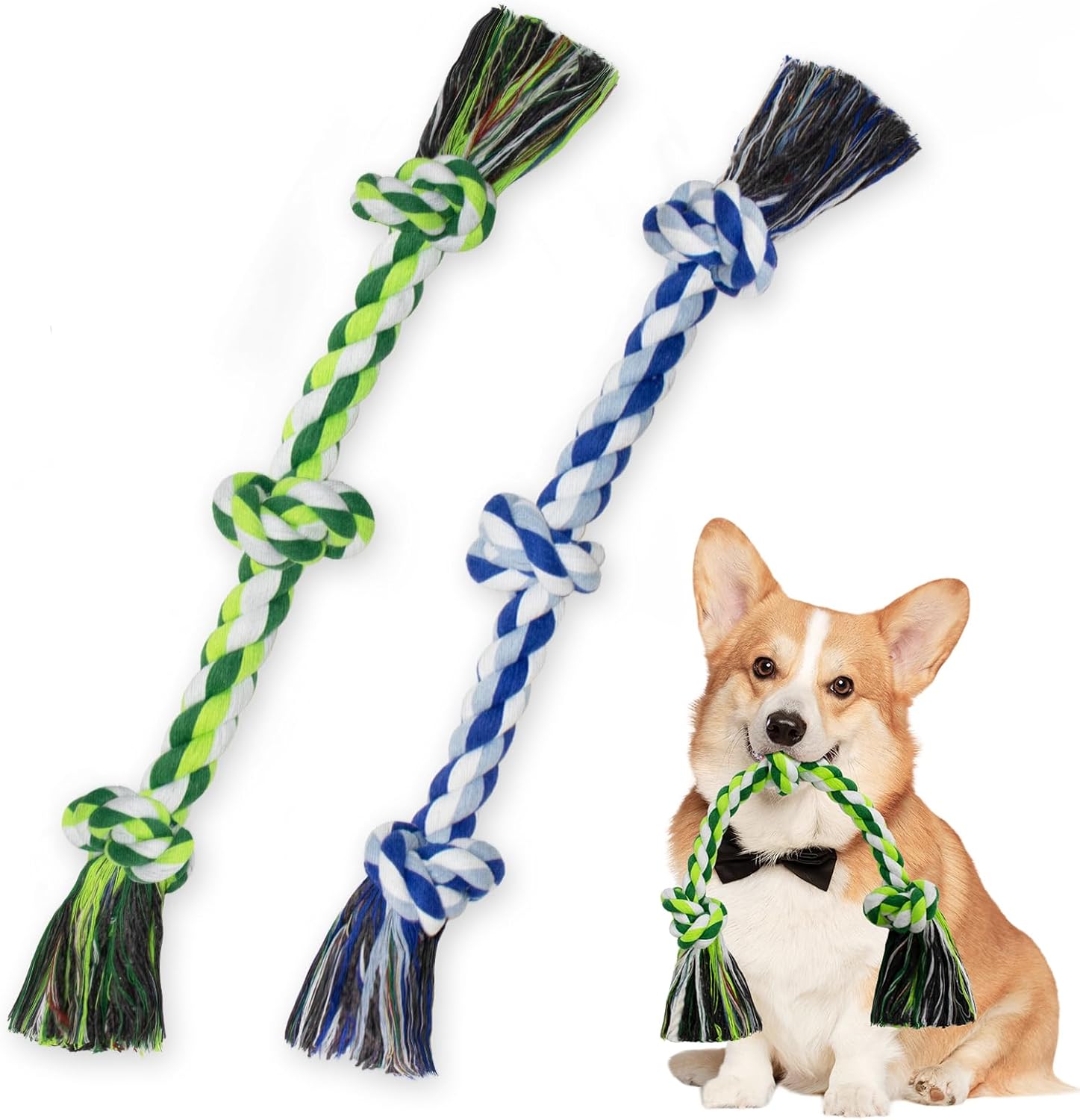 [2 Pack] Dog Rope Toys, Dog Chew Toy for Medium and Small Dogs, 3 Knots Heavy Duty Puppy Rope Toy, 100% Cotton Tug of