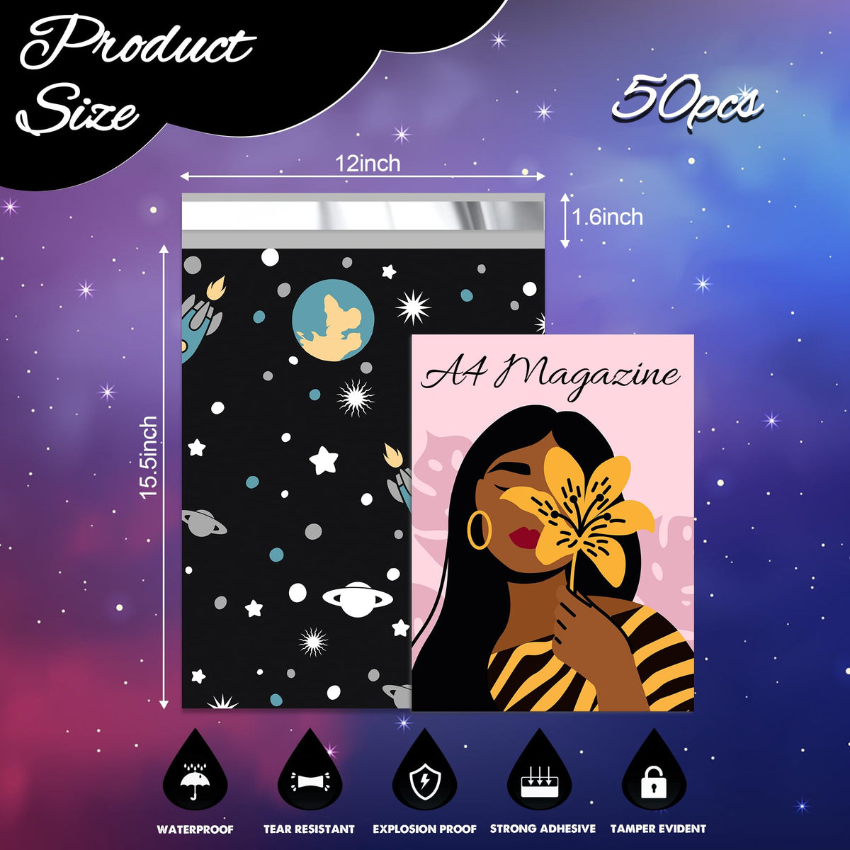 Cute Poly Mailers 12x15.5 Inch 50 Pcs, Planets Printed