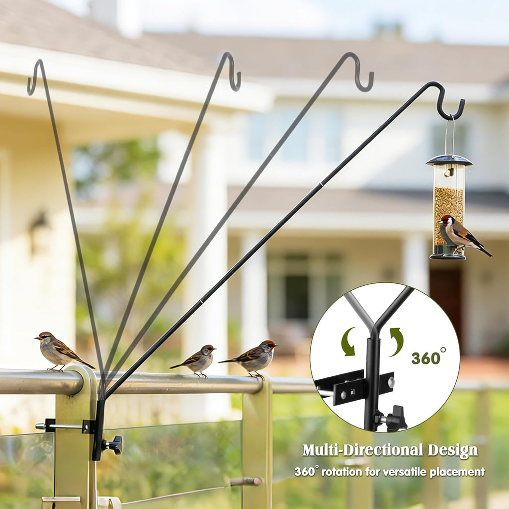 2 Packs Extended Fence Deck Heavy Duty Bird Feeder Hook, 360 Degree Rotary and Length Adjustable Plant Bracket for