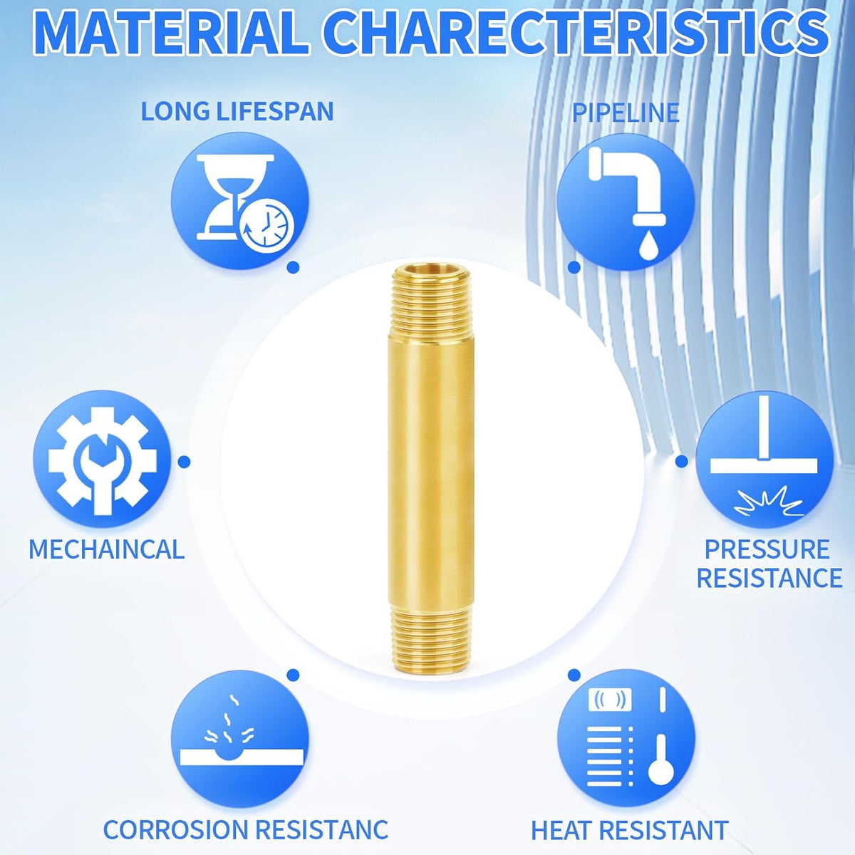 ChillWaves Brass Pipe Fitting, Long Nipple Pipe 1/2" NPT Male x 1/2" NPT Male Thread 4" Length(100MM)(1-PACK)