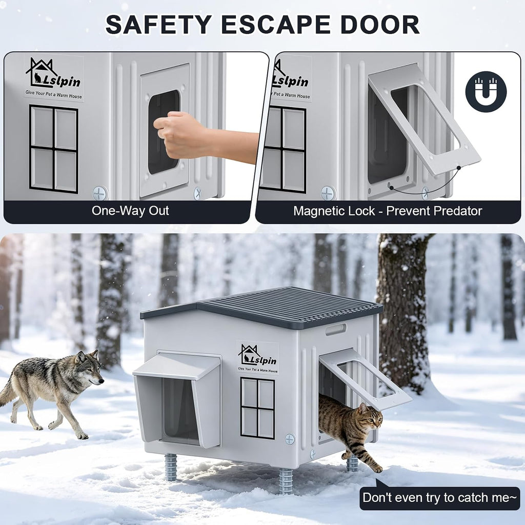Indestructible Heated Cat House for Outside, 100% Waterproof & Weatherproof Heated Outdoor Cat House with Escape Door