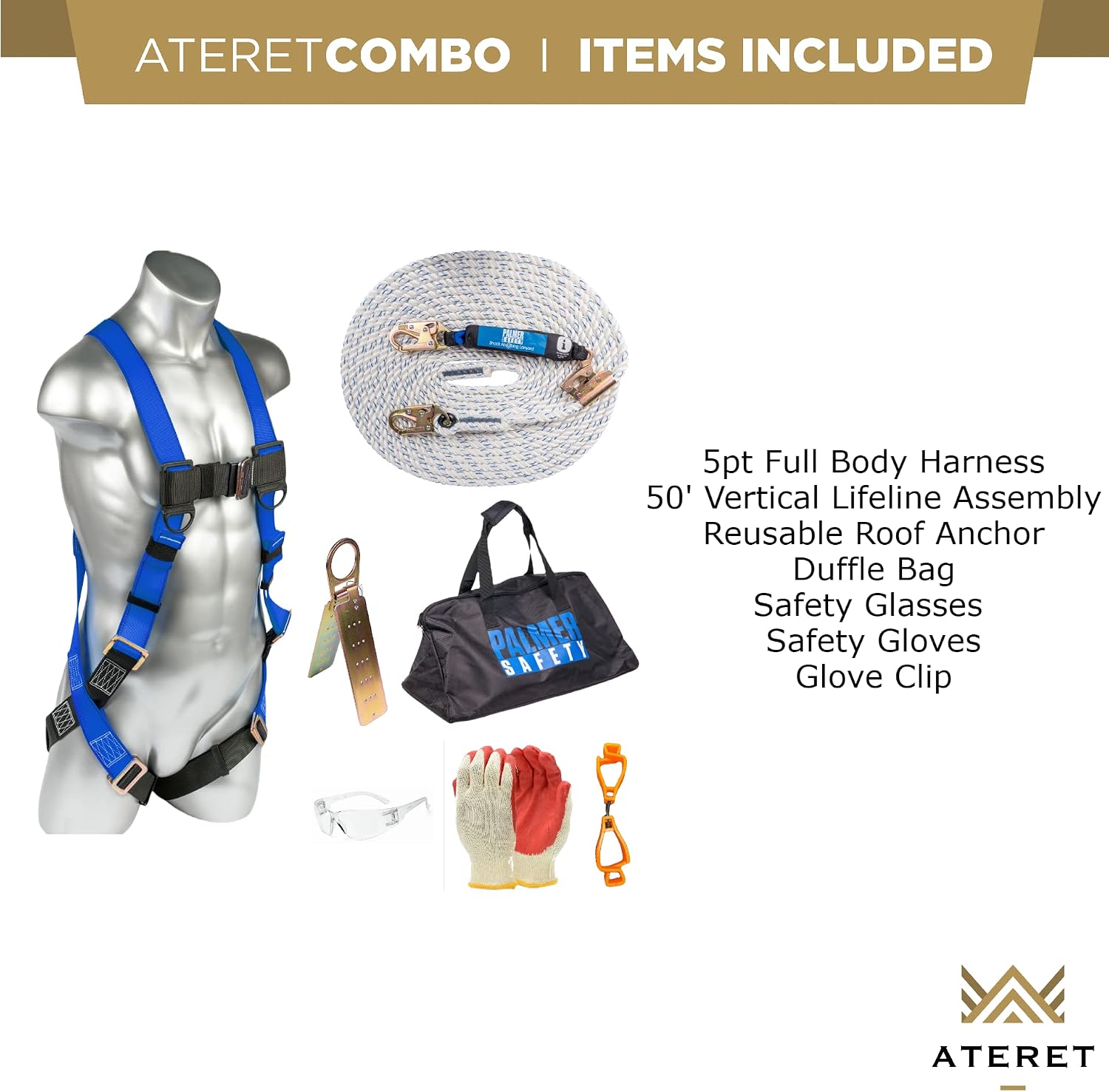 Fall Protection Roofing Bucket Kit I Full-Body Harness, 50' Vertical Rope & Anchor Set I Safety Harness Kit