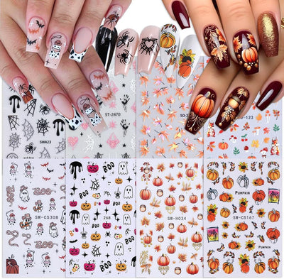 8 Sheets Halloween & Autumn Nail Art Stickers Spider Web Nail Stickers 3D Self-Adhesive Pumpkin Face Fall Leaves