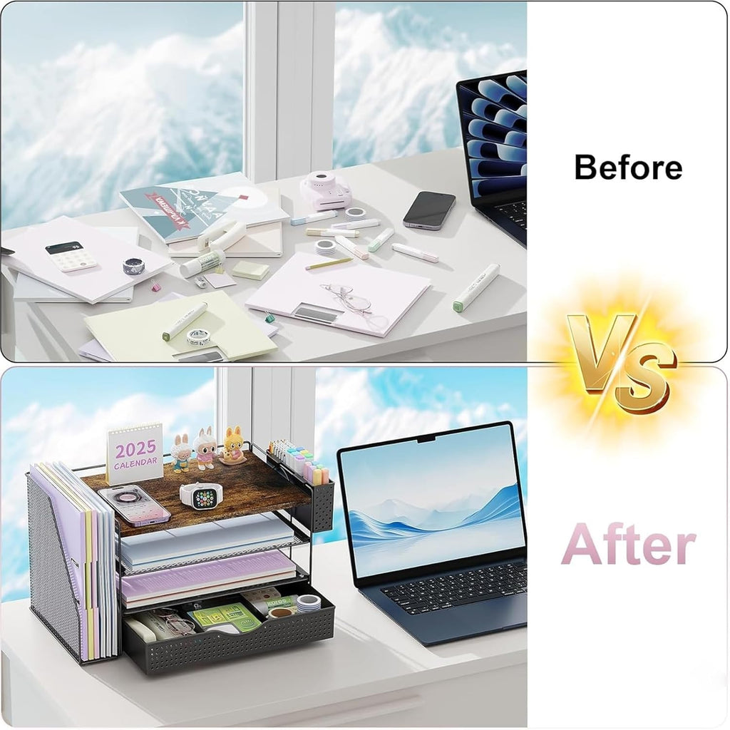 Wood Desk Organizers and Accessories with File Sorters, 4-Tier Desk Accessories & Workspace Organizers with Drawer