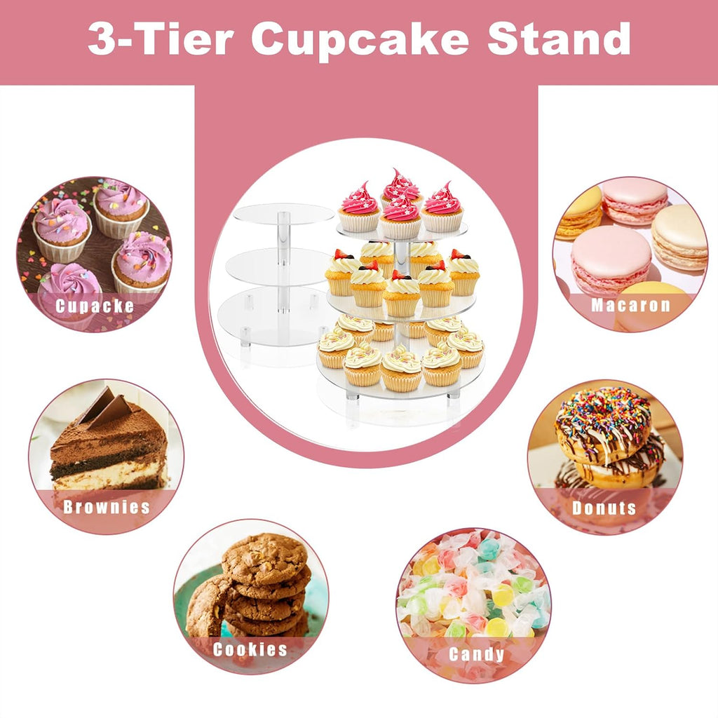 3 Tiers Round Cupcake Stand, Acrylic Cake Tower Stand Holder Macaron Display Rack Cookie Candy Buffet Desserts