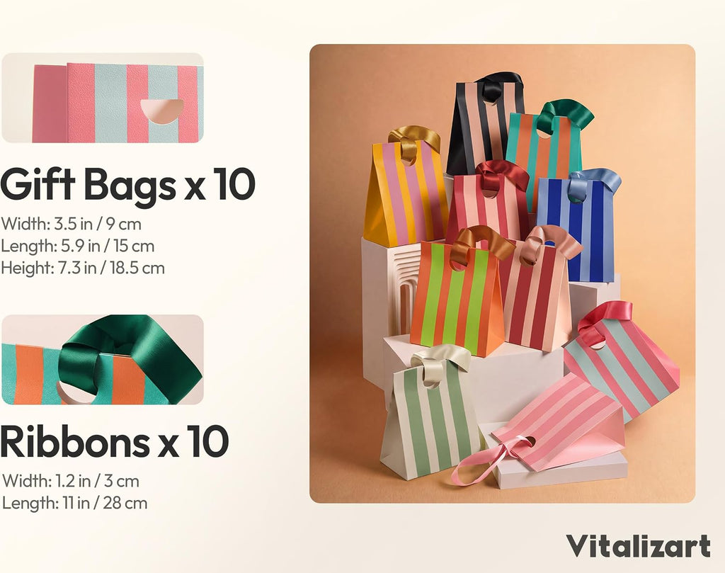 Striped Paper Gift Bags With Ribbon Handles Small Bulk Pack