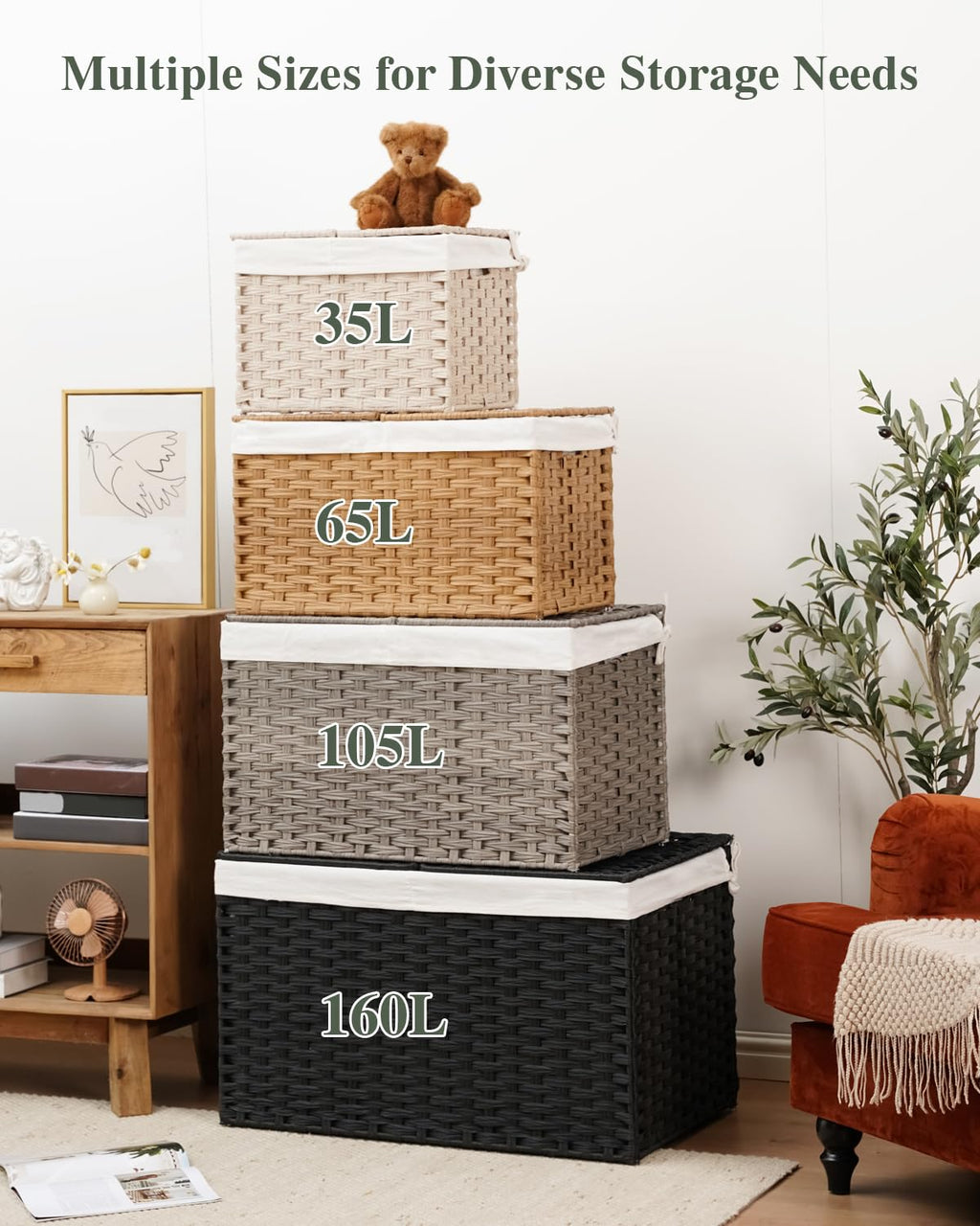Storage Basket with Lid, 2-Lid PE Rattan Storage Bin, Natural