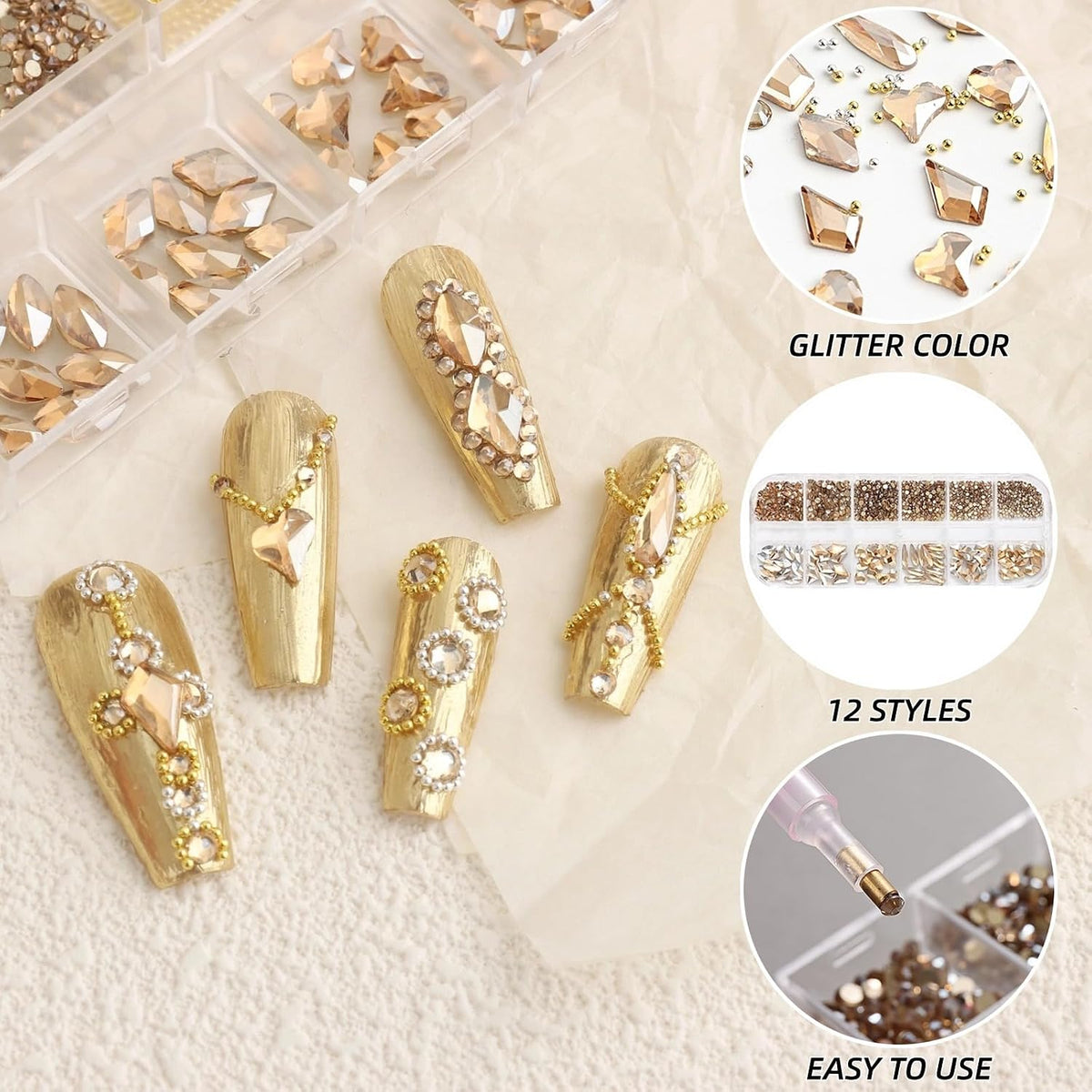 12-Shape Champagne Gold Rhinestone Kit for Nail Art