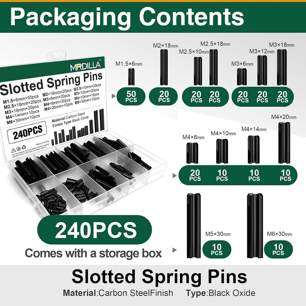 240PCS Metric Roll Pin Assortment, Slotted Spring Pins M1.5-M6