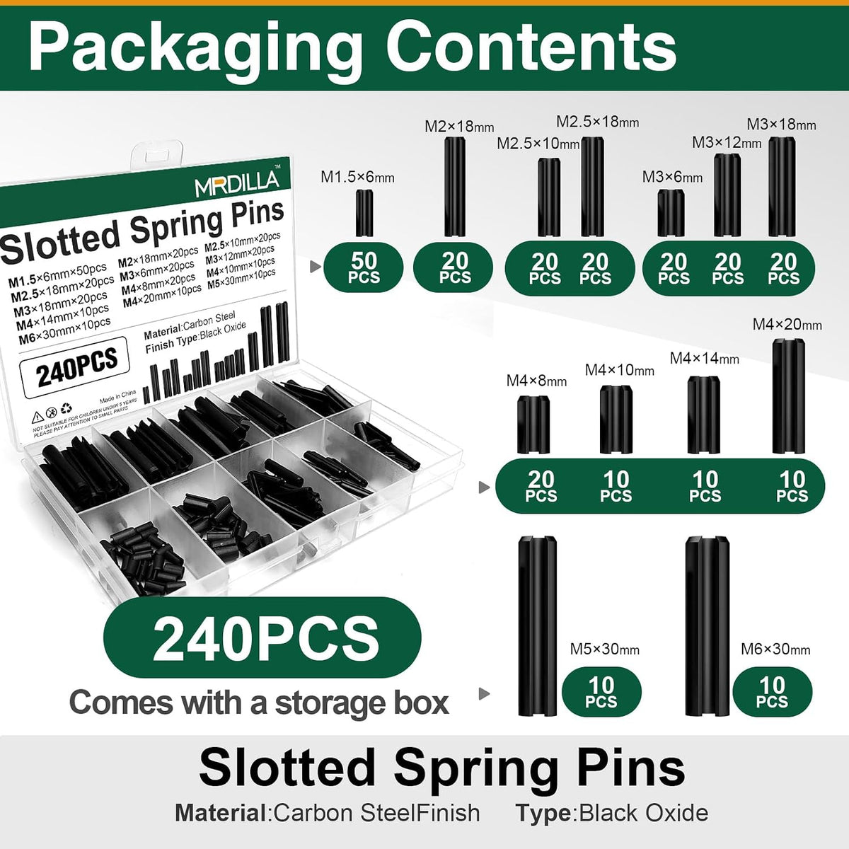 240PCS Metric Roll Pin Assortment, Slotted Spring Pins M1.5-M6