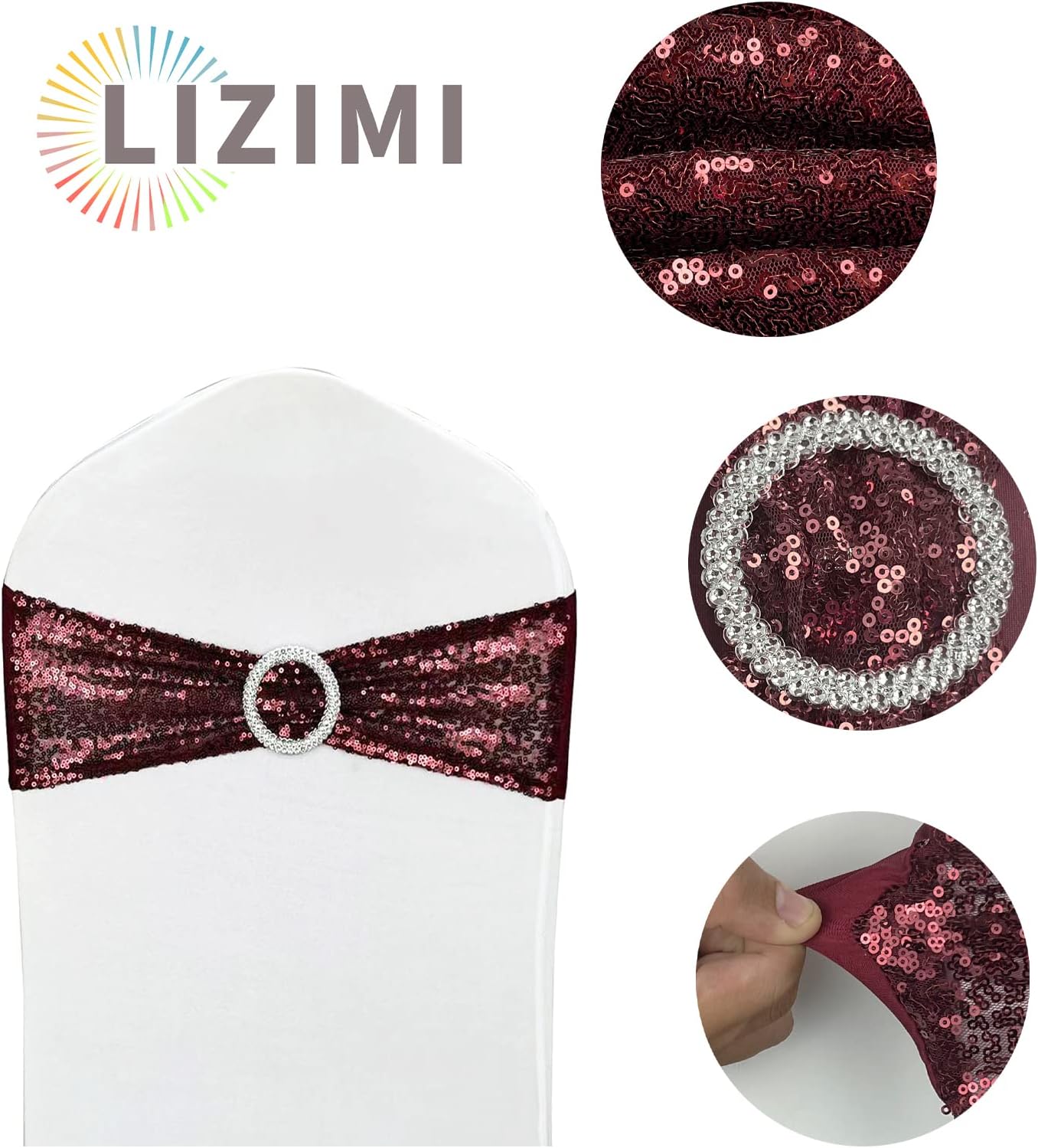 Sequin Chair Sashes 6 Pack - High Elasticity Spandex Stretch Chair Bows with Buckle for Wedding, Party, Banquet Decor