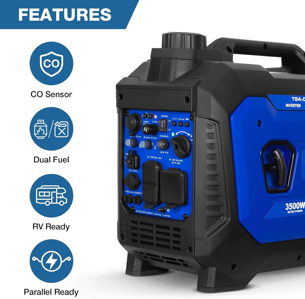 Ultra-Quiet 4500W Inverter Generator, Dual Fuel (Gas/Propane) with CO Sensor, 4-Cycle RV Ready & Parallel Capable for