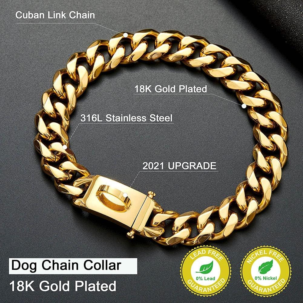 Gold Dog Chain Collar Walking Metal Chain Collar with Design Secure Buckle,18K Cuban Link Strong Heavy Duty Chew
