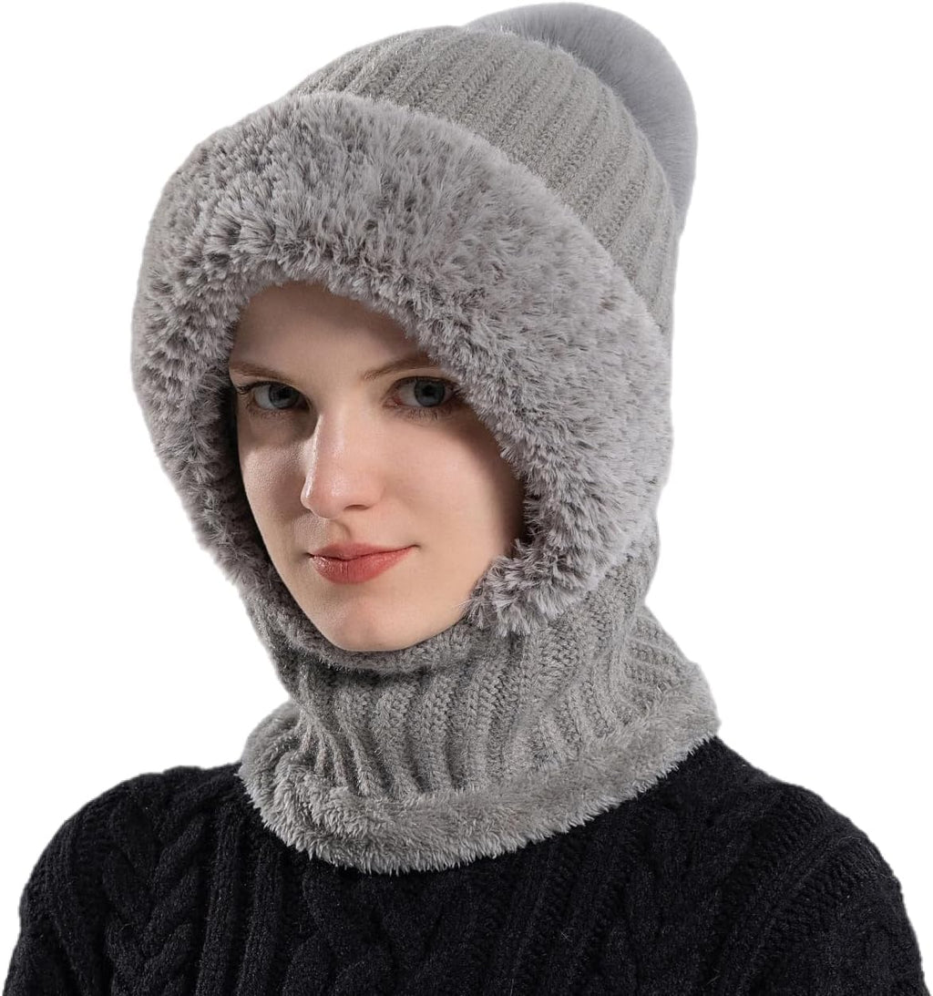 Women Winter Knit Beanie Hats One Piece Fleece Lined Balaclavas | Lady winter Earmuff Hooded Ski Snow Hat Pom Pom