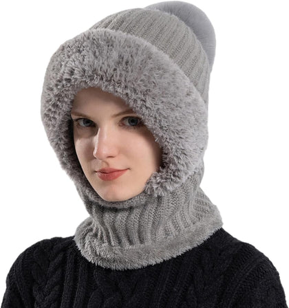 Women Winter Knit Beanie Hats One Piece Fleece Lined Balaclavas | Lady winter Earmuff Hooded Ski Snow Hat Pom Pom