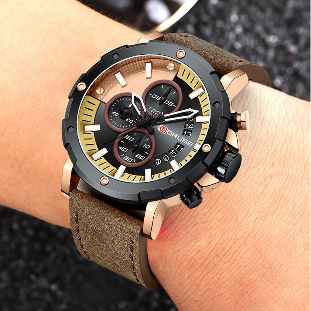 Mens Watches Luxury Chronograph Classic Waterproof Watch Large Face Analog Luminous Fashion Leather Analog Quartz
