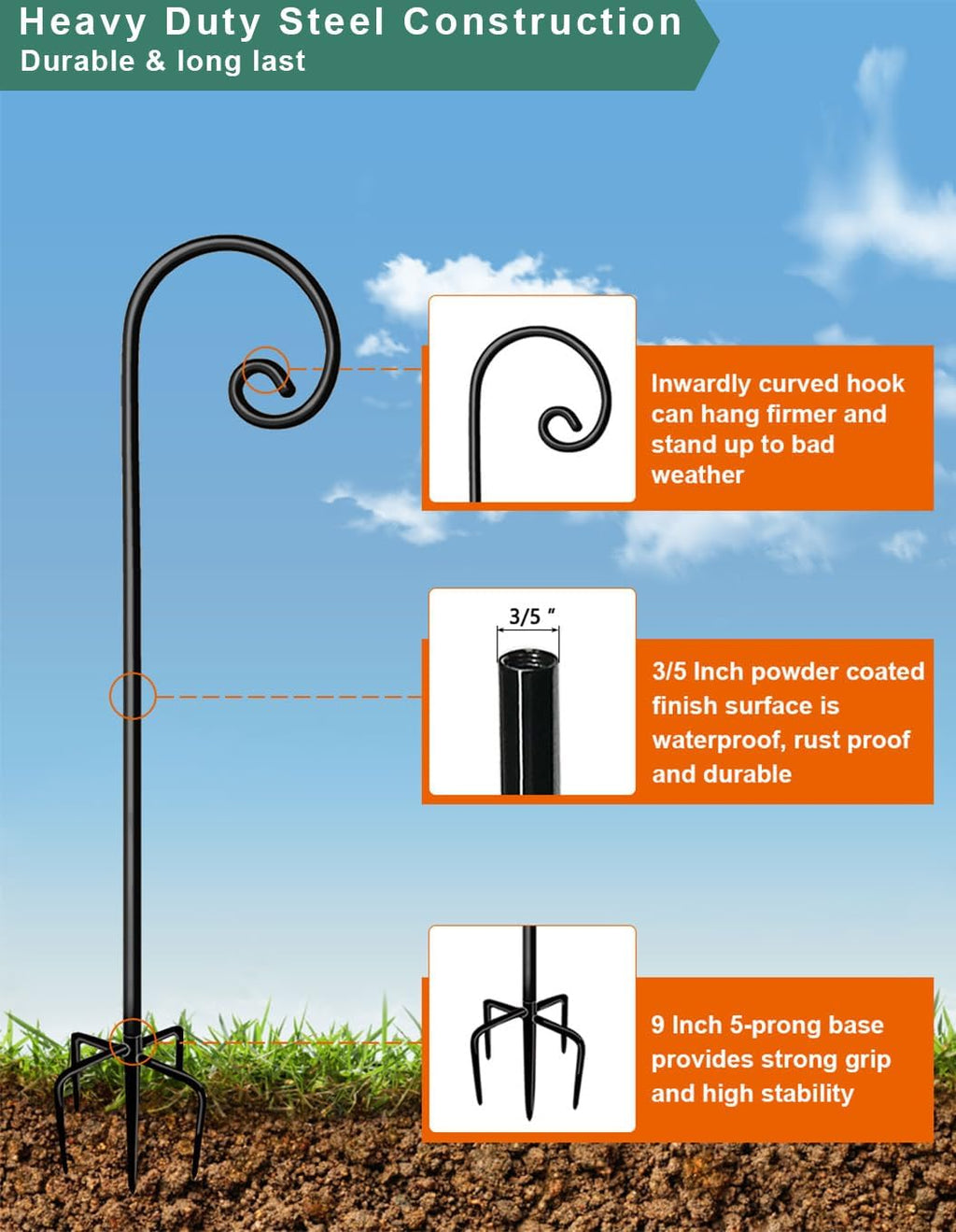 76 Inch Shepherds Hooks for Outdoor Hanging Plant, 2 Pcs