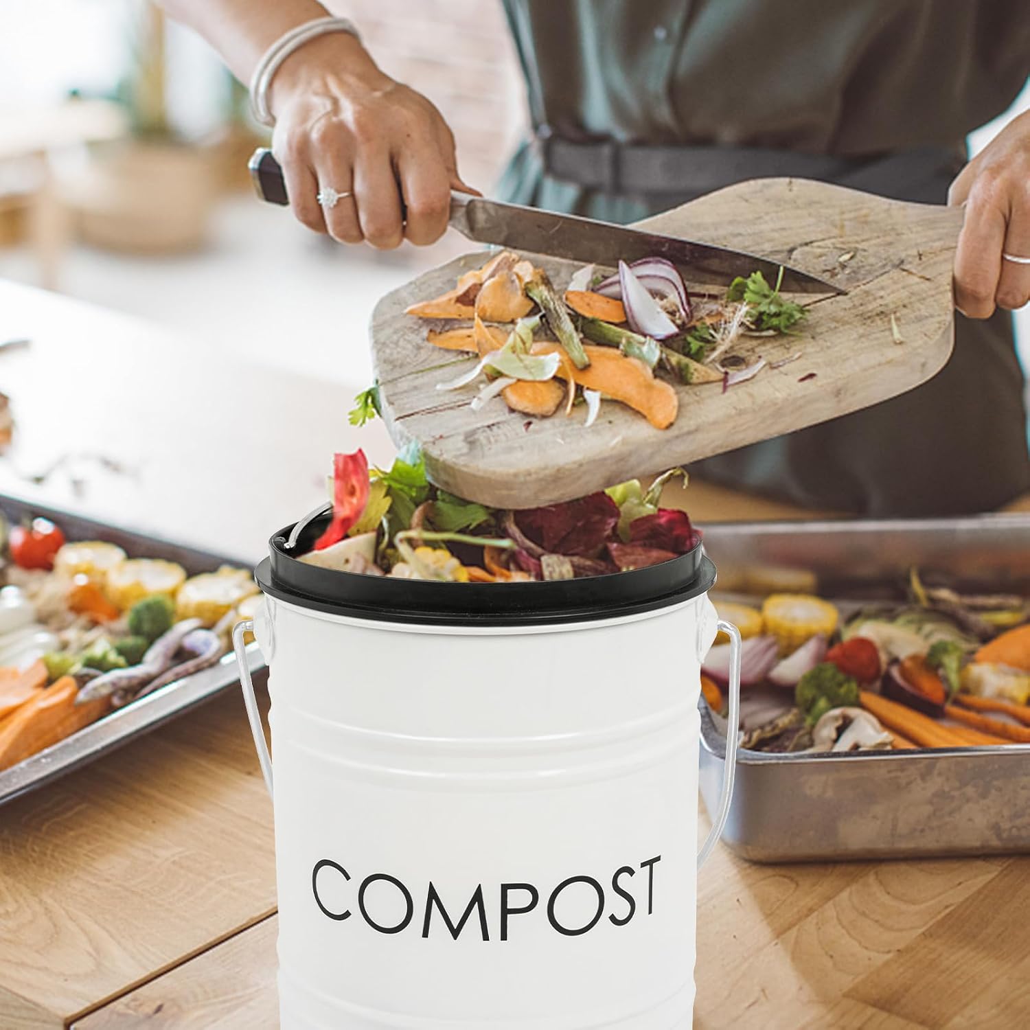 Compost Bin for Kitchen Countertop,1.3 Gal Metal Compost Container | Indoor Compost Bucket with Lid Includes Inner