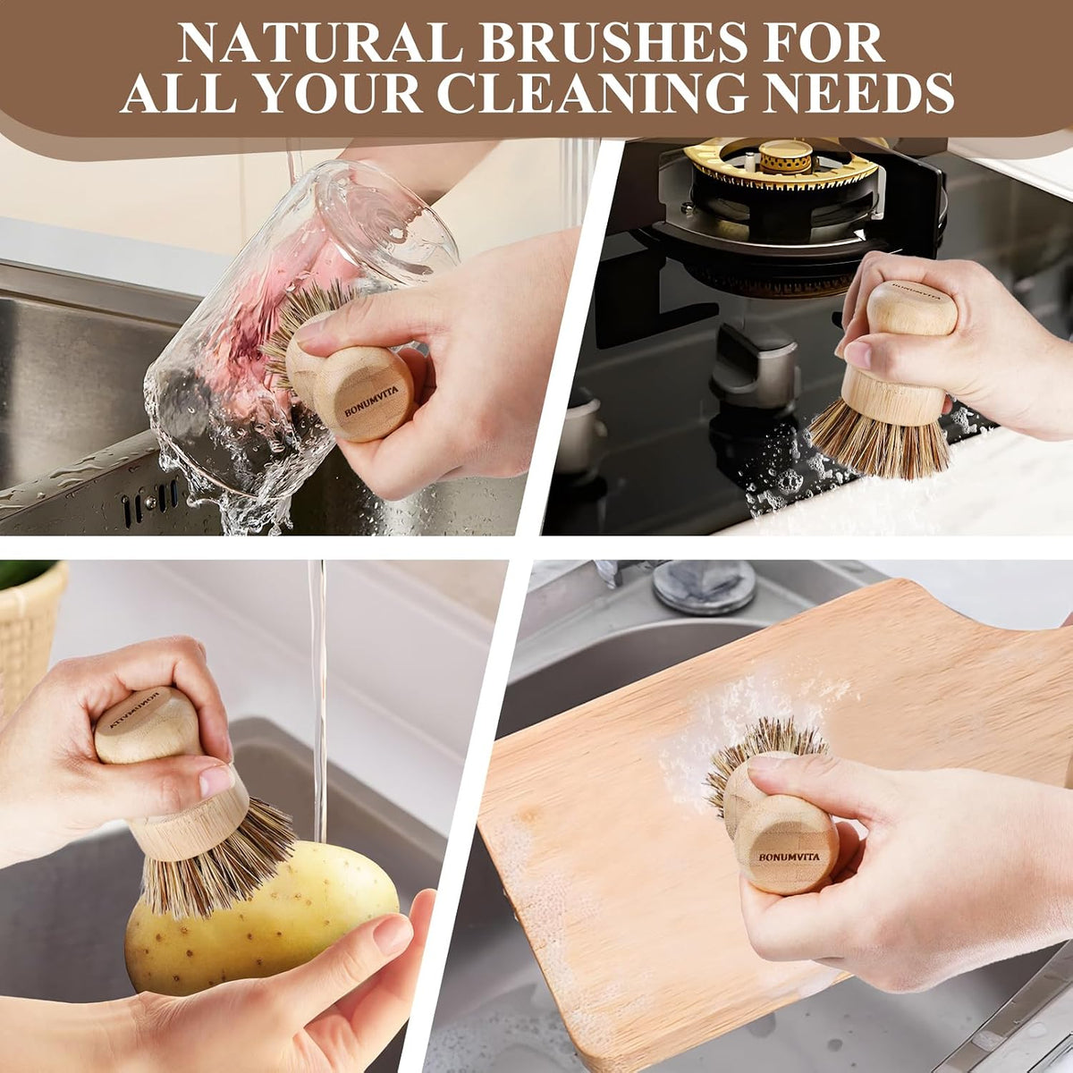 4-Pack Bamboo Dish Brush with Palm Fiber