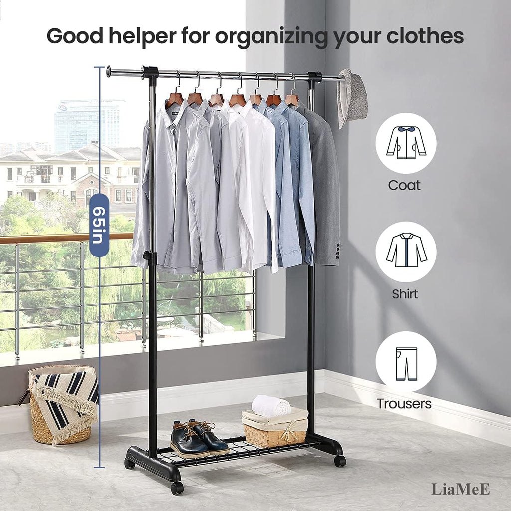 Adjustable Clothing Rack for Hanging Clothes, Heavy Duty Garment Rack with Wheels，Free Standing Rolling Clothes Rack