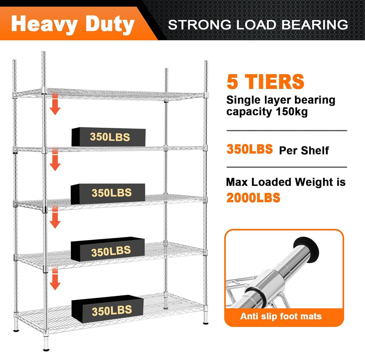 5 Tier Chrome Storage Racks and Shelving - 48" L x 20" W x 72" H Heavy Steel Material Pantry Shelves - Each Unit