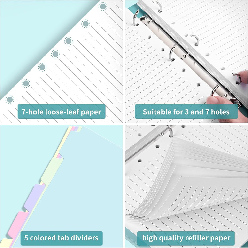 A5 Refill Paper, 7-Hole Planner Inserts for A5 Binder Budget Planner Journals Notebook, Loose Leaf Lined Paper with