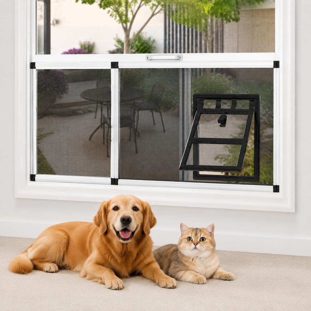 Bug-Proof Screen Cat Door for Window,Fits 28'' - 32'' Adjust Width Window