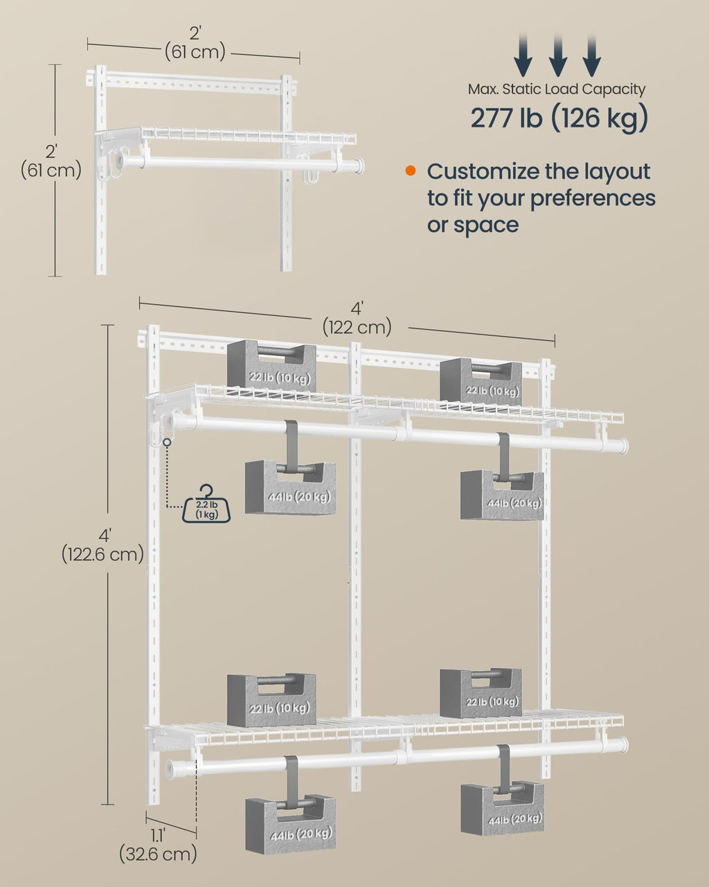 Closet System, Closet Insert Organizer, 3-6 ft Closet Shelves