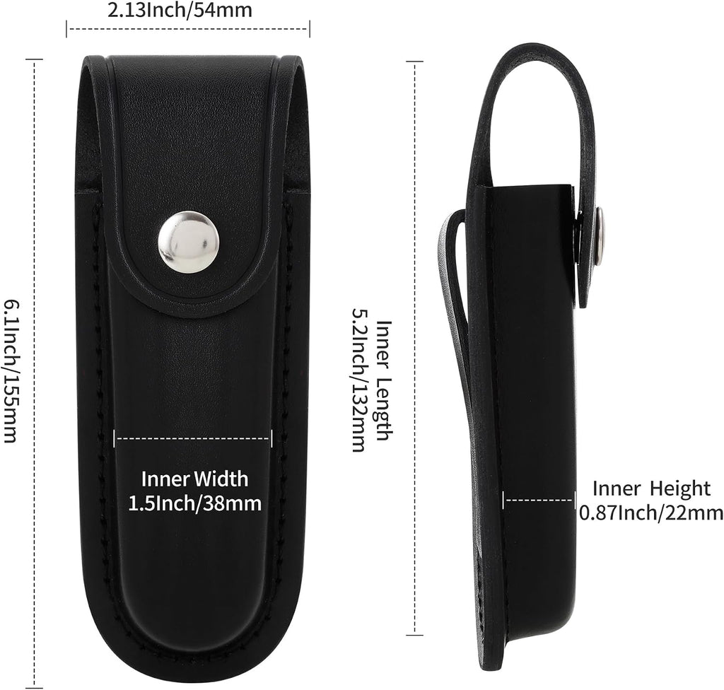 5-Inch Pocket Knife Sheath for Belt Carry | Black leather knife holster with snap closure and belt loop for outdoor