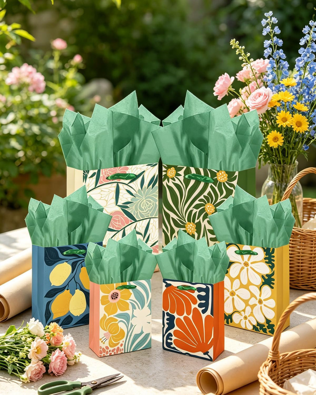 Clash Flowers Gift Bags with Tissue Paper Mulit Assorted Sizes 10PCS Present Party Favor Birthday Bags(2pcs Large