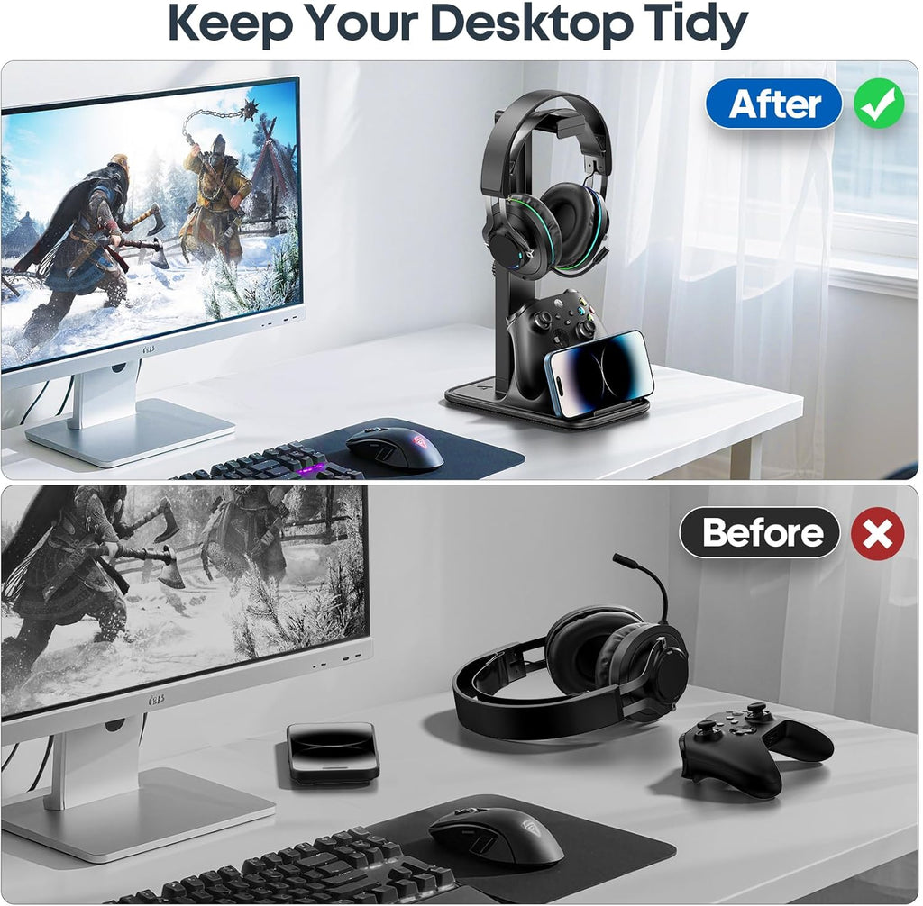 Gaming Headset & Controller Stand, Rotating Headphone Storage with Controller & Phone Holder, Game Desk Storage with