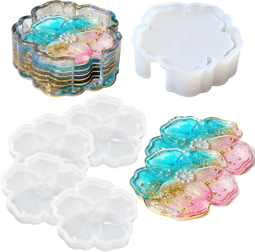 Silicone Coaster Resin Molds, 5PCS Flower Coaster Molds with Holder Mold for Epoxy Resin, Coaster Tray Resin Casting