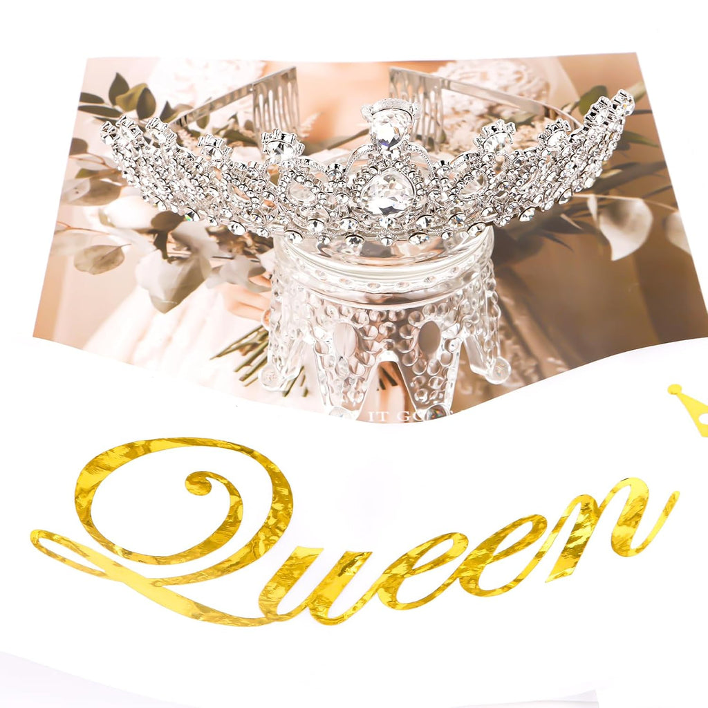 Prom Queen Sash and Tiara Set, Silver Crowns and White Sash - Graduation and Wedding Party Accessories