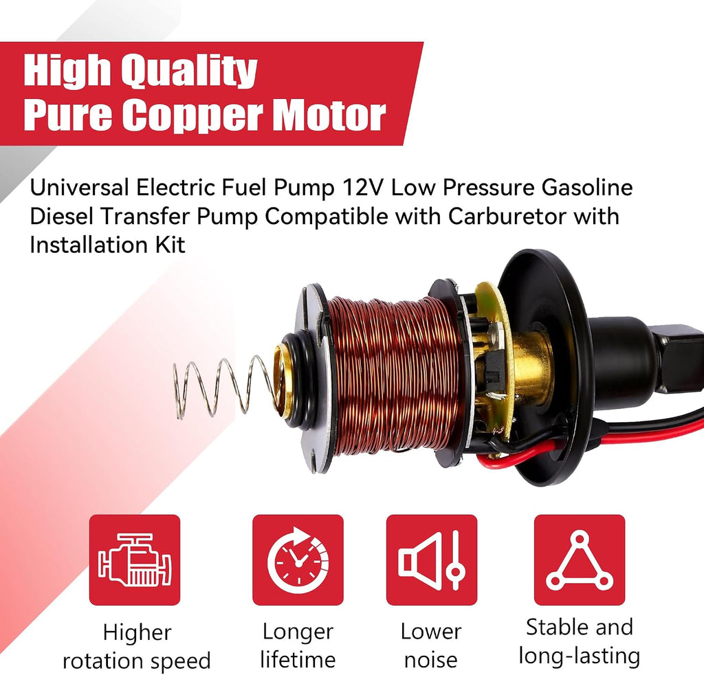Universal Electric Fuel Pump Kit 12V 5-9 PSI Low Pressure with Fuel Filters 6 Hose Clamps 6.56 FT 5/16" ID Fuel Line