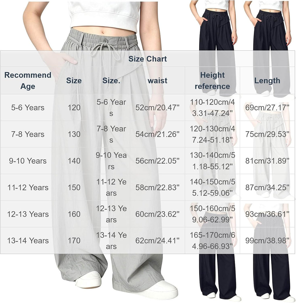 Girls Wide Leg Casual Pants Elastic Waist Hiking Cargo Pant | Teen Lightweight Quick Dry Sweatpants, Y2K Hip Hop