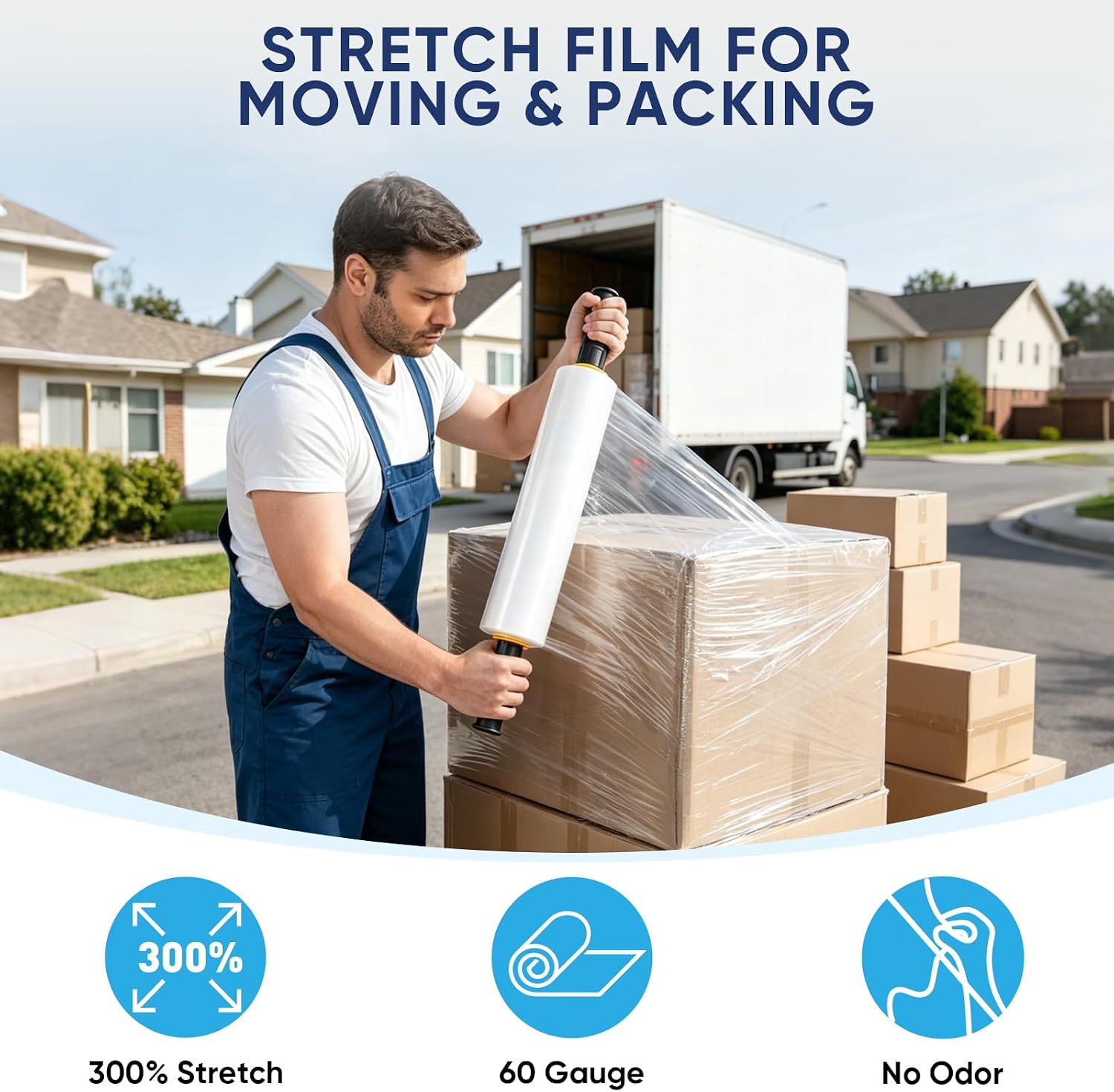 2Pk Stretch Wrap Stretch Film Roll, 1000ft Industrial Strength 15 inch Wide Clear Plastic Wrap with Handles for