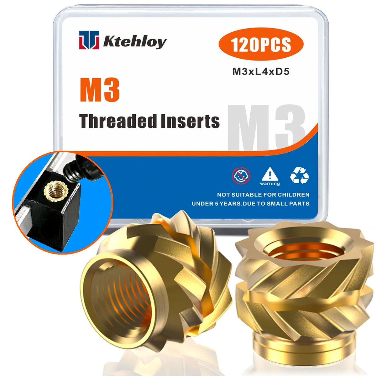 120Pcs M3 Threaded Inserts, Metric knurled Nuts Brass Heat Set Insert for Plastic Parts,Insert by Heat into 3D Printing Components(M3x4x5mm)