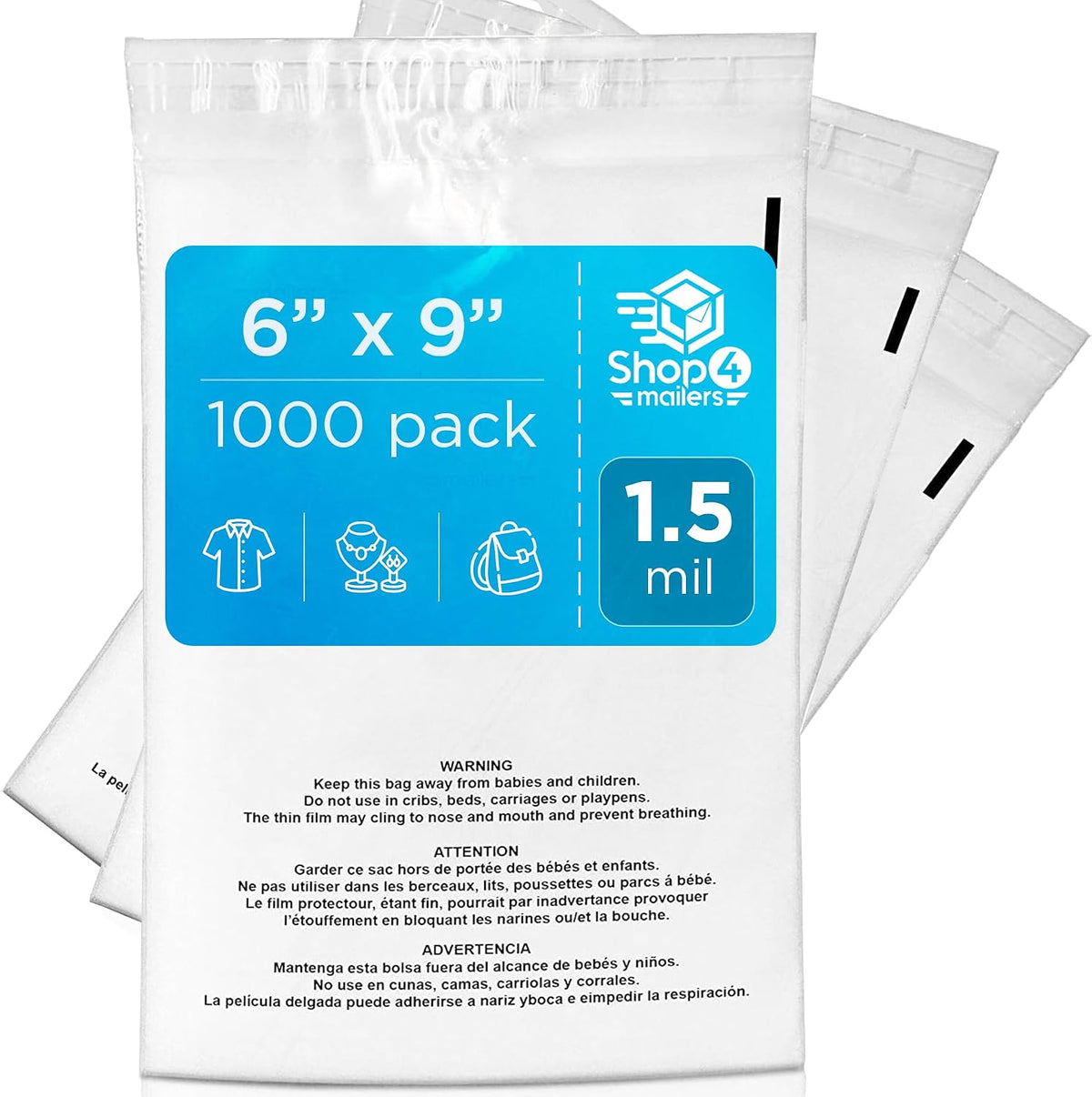 1000 Count 6x9 Clear Poly Bags with Suffocation Warning, 1.5 Mil