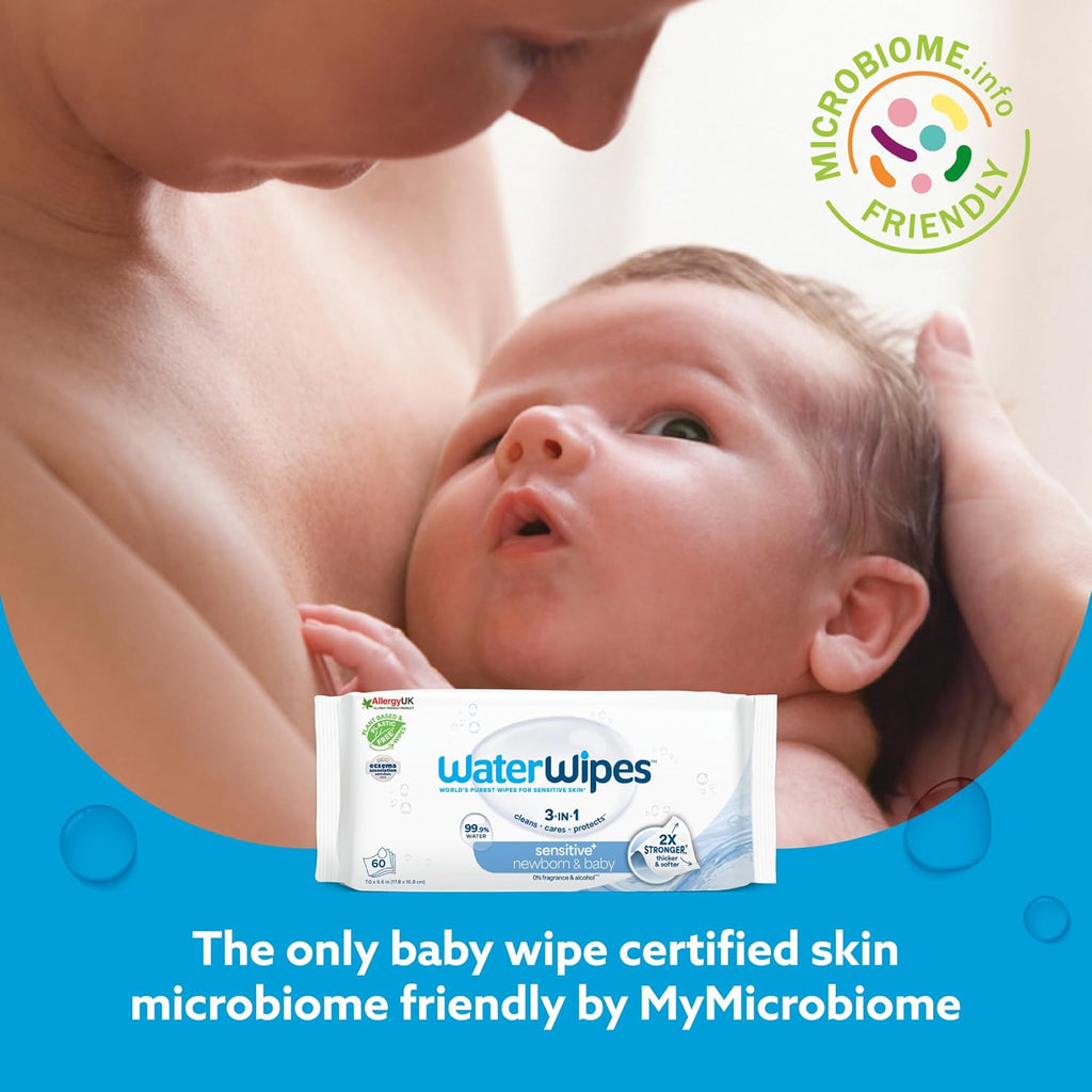 Sensitive+ Newborn & Baby Wipes, 3-In-1 Cleans, Cares, Protects, 99.9% Water, Unscented & Hypoallergenic, 240 Count