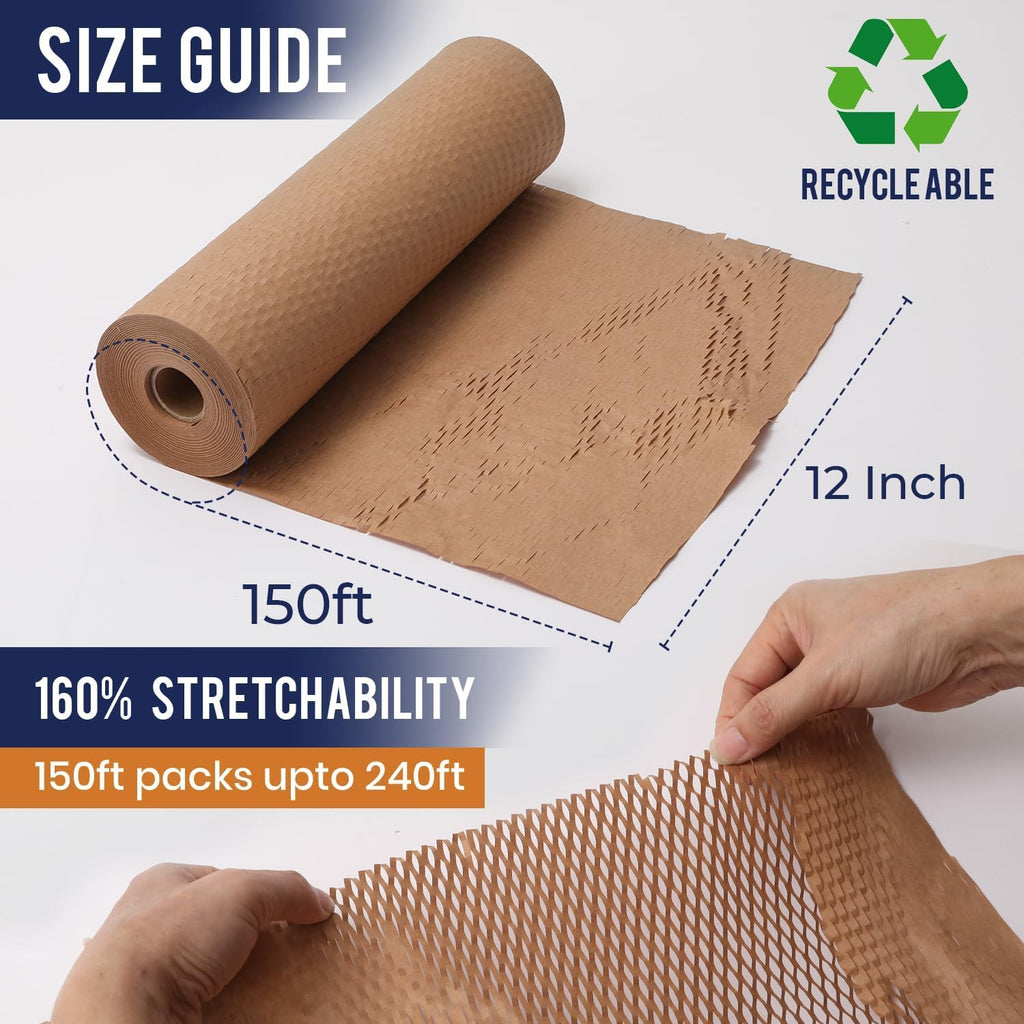 Honeycomb Packing Paper For Moving 12" x 150ft With Rope & Fragile Stickers | Eco Friendly Shipping & Moving Paper