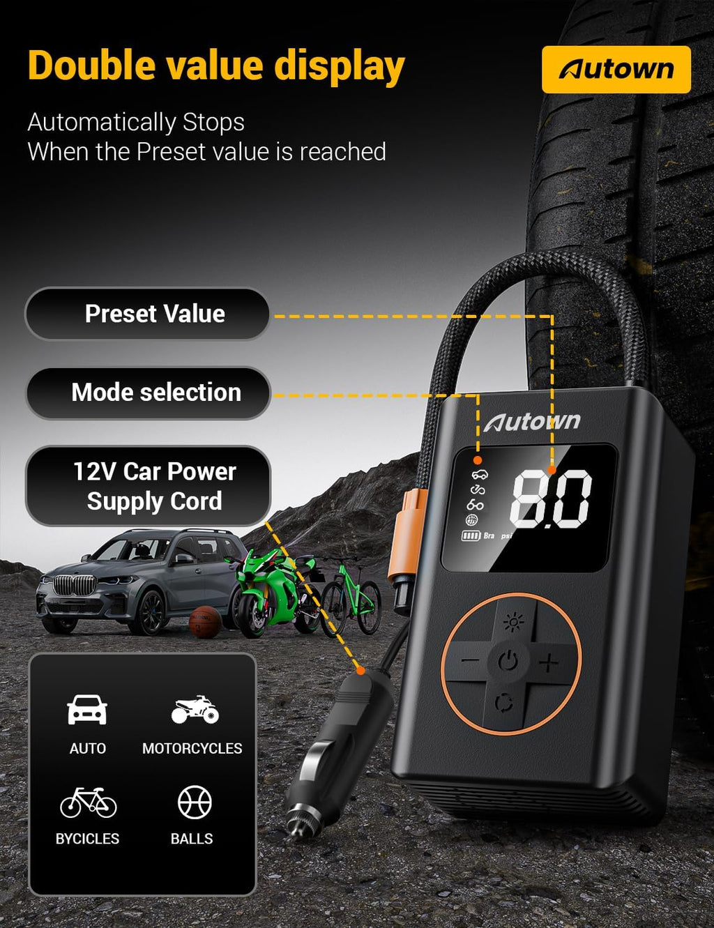 Flat Tire Repair Kit with Air Compressor, Professional Tire Plug Kit | 120PSI Portable Air Pump with Auto-Stop & LED