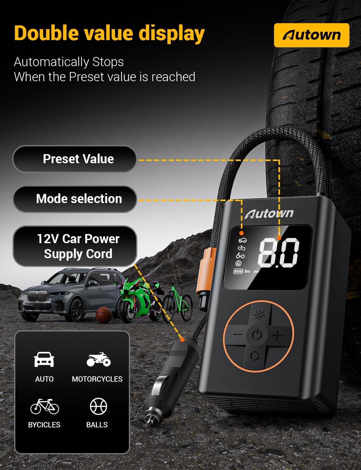 Flat Tire Repair Kit with Air Compressor, Professional Tire Plug Kit | 120PSI Portable Air Pump with Auto-Stop & LED