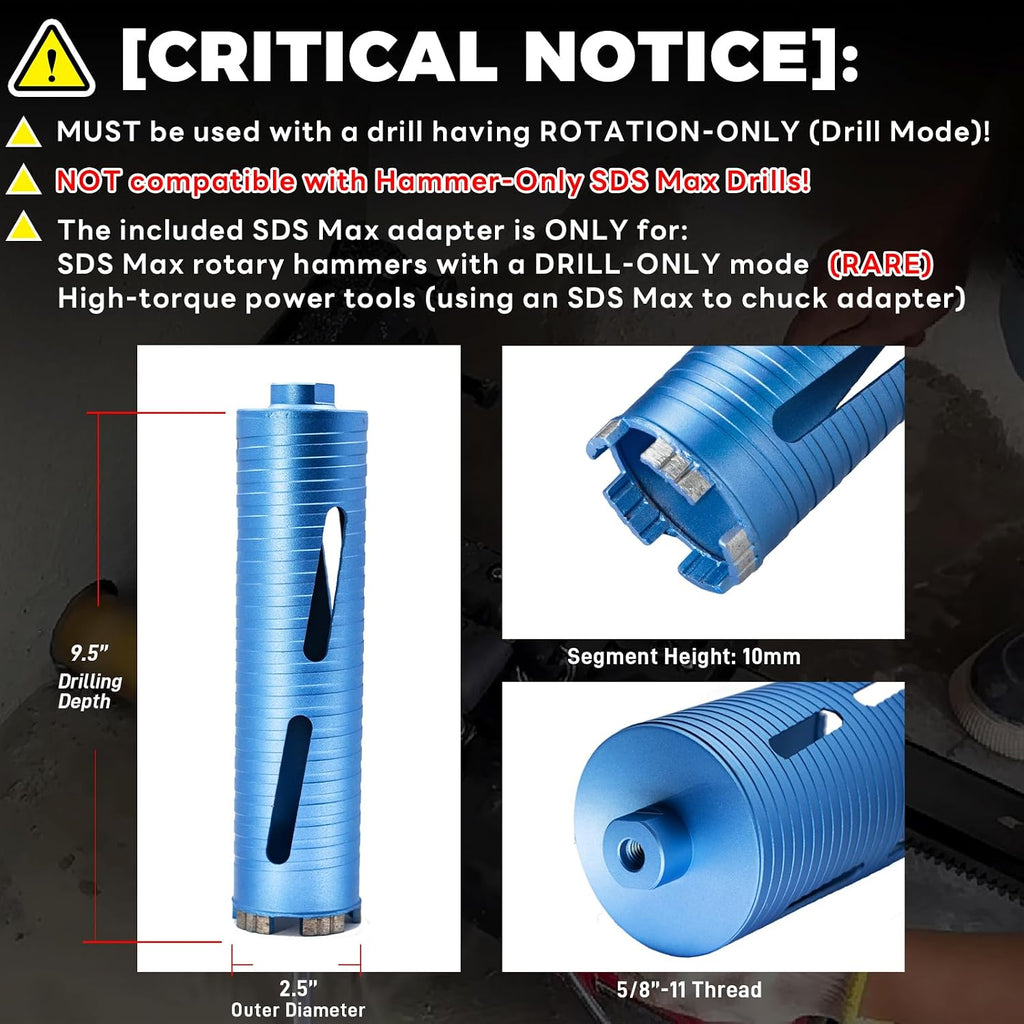 2 1/2" Dry Core Drill Bit, 5/8"-11 Thread, with 3 Adapters Included: SDS Plus, SDS Max and 1/2" Hex Shank; 9.5" Drill