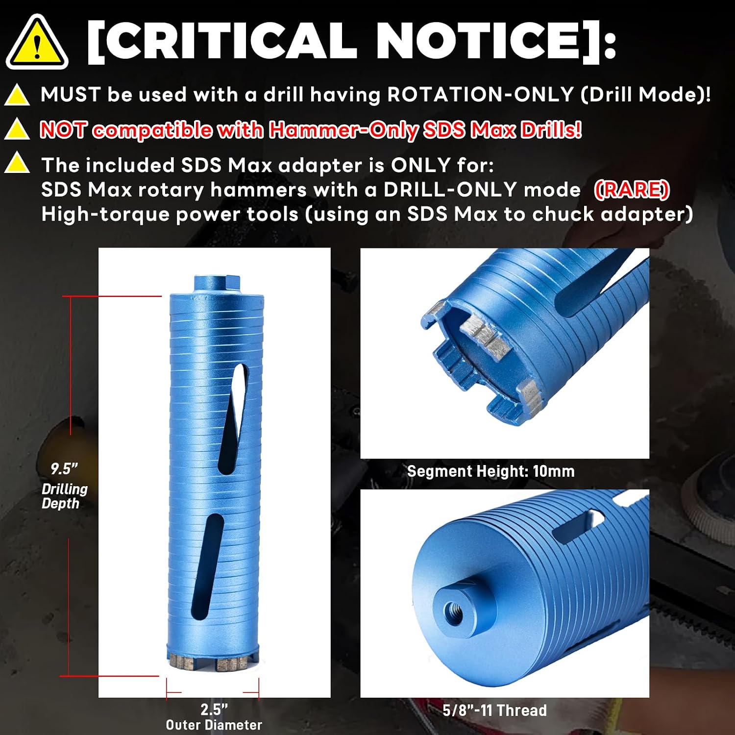 2 1/2" Dry Core Drill Bit, 5/8"-11 Thread, with 3 Adapters Included: SDS Plus, SDS Max and 1/2" Hex Shank; 9.5" Drill