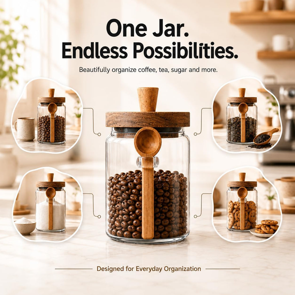 Glass Jar with Lid and Spoon, 20.3oz Airtight Coffee Bean Container for Coffee Beans & Grounds, Cute Glass Coffee