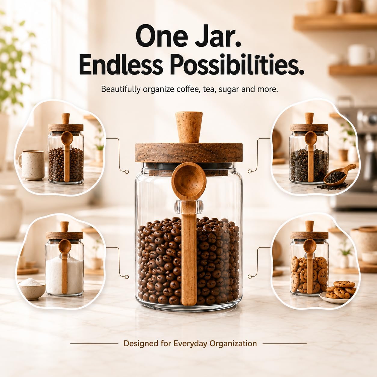Glass Jar with Lid and Spoon, 20.3oz Airtight Coffee Bean Container for Coffee Beans & Grounds, Cute Glass Coffee