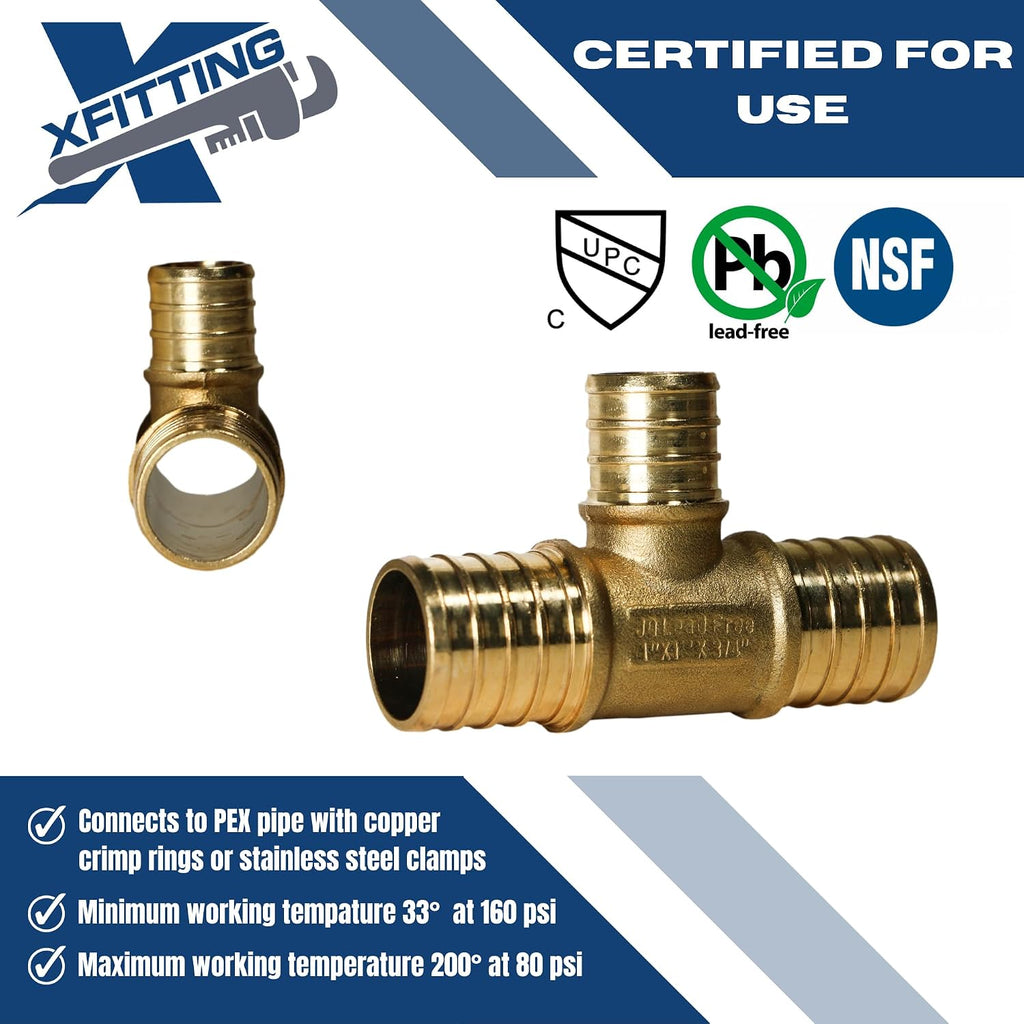 10 Pack XFITTING 1 in x 1 in x 3/4 in Pex Reducing Tee, Pex B Crimp