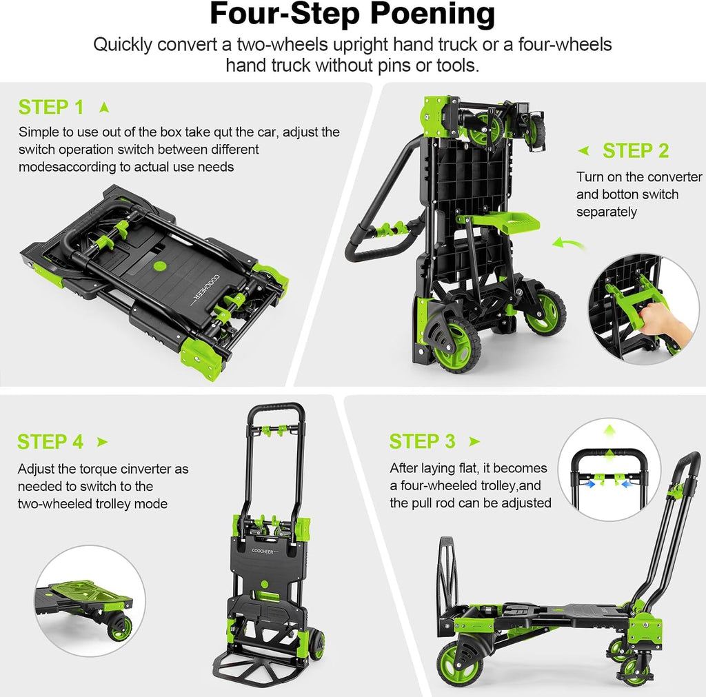 Folding Hand Truck Dolly, 330lb Convertible 4 to 2 Wheel Moving Cart, Green | Dolly Cart with Retractable, Aluminum