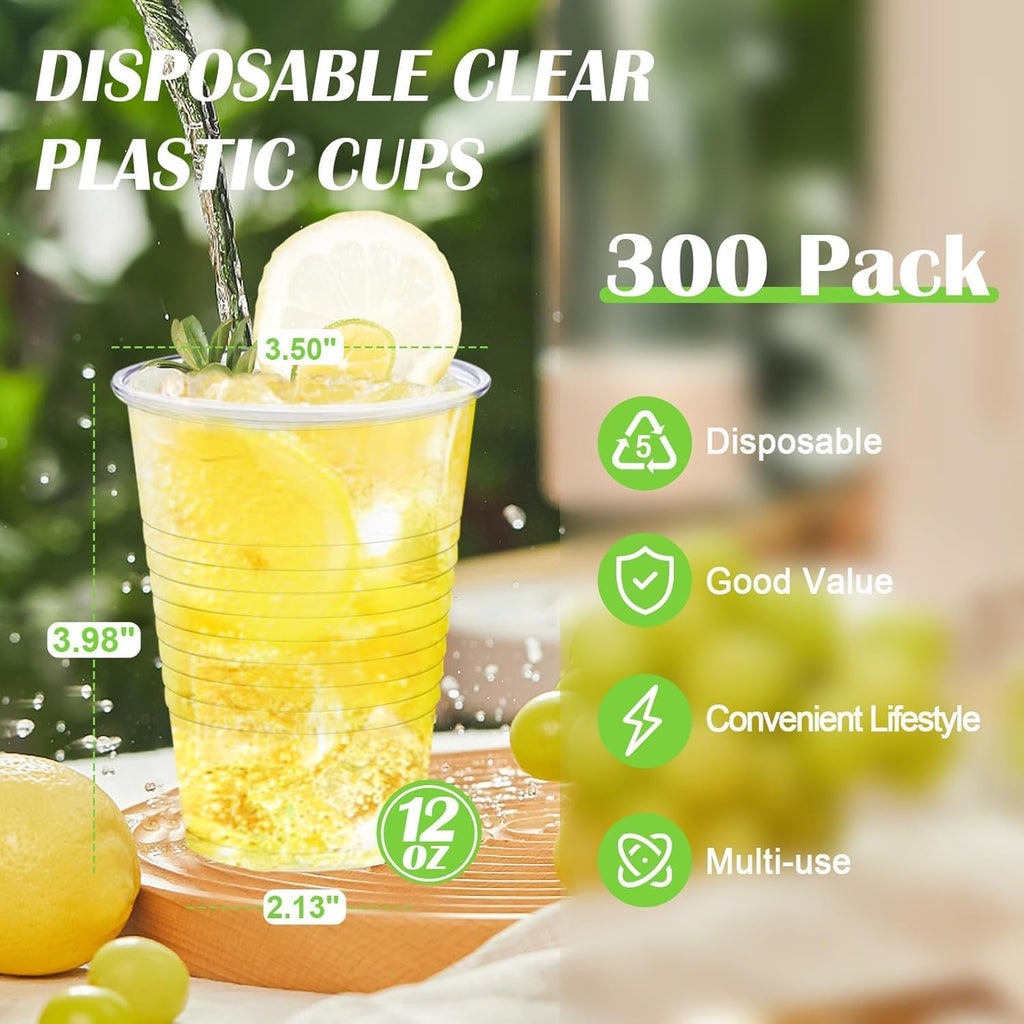 300 Pack 12 oz Clear Plastic Cups, Disposable Cold Drinking Cups